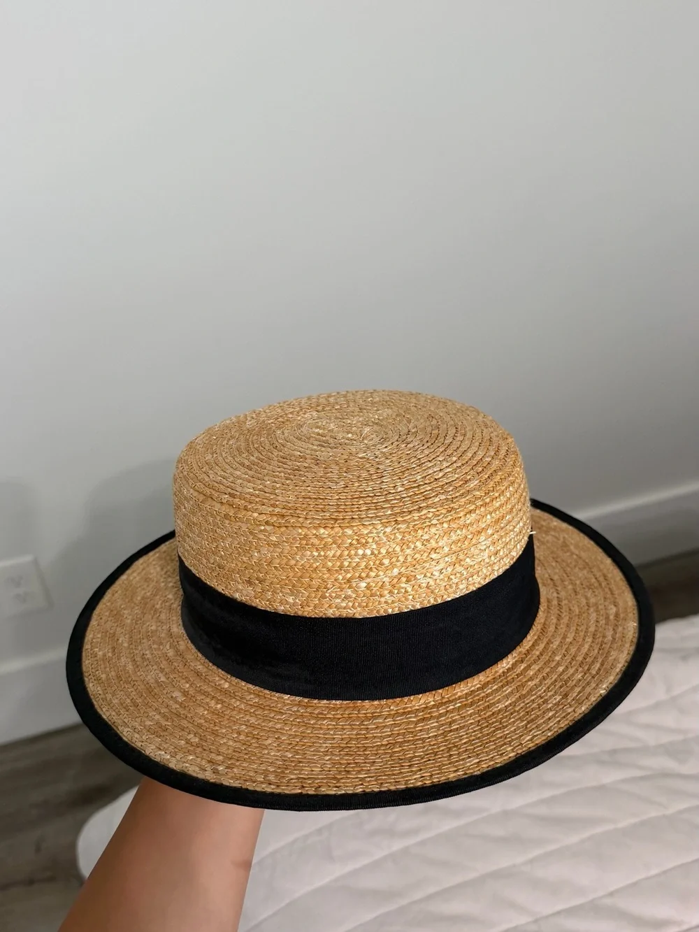 Girls Zara Tan Straw Boater Hat with Black Band